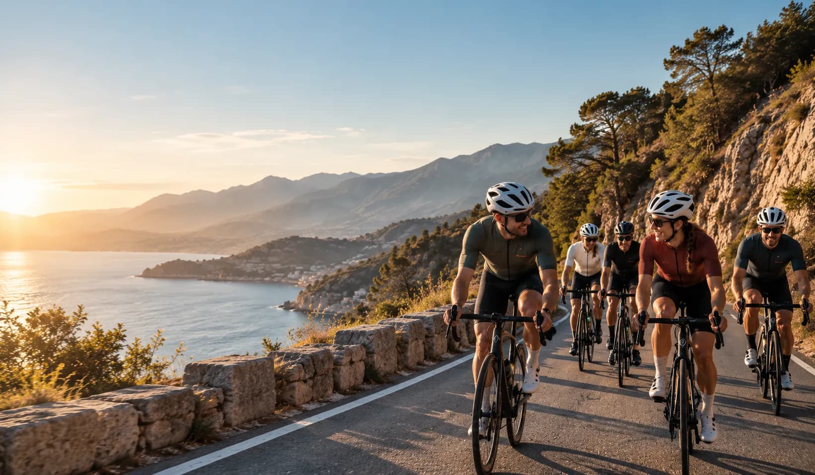 Un grupo de ciclistas rueda junto por una carretera de costa al atardecer